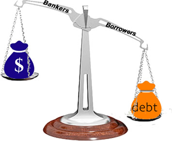 bankers dollars and borrowers debt on an uneven scale
