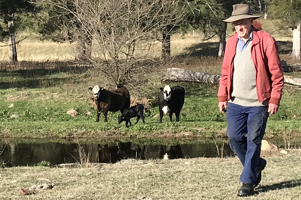 farmer in paddocks with cattle in the background